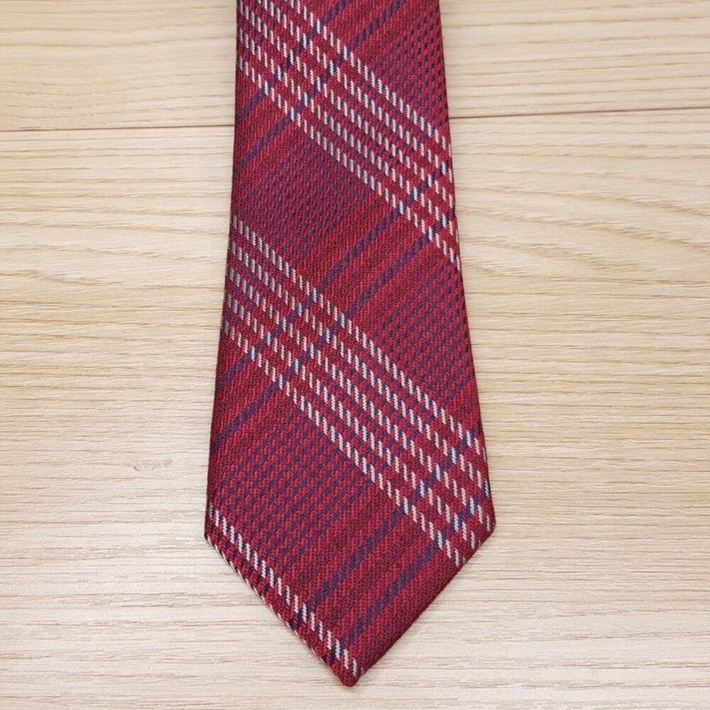 BAR III Mens Neck Tie Red Maroon Plaid Slim Lyocell Blend Necktie